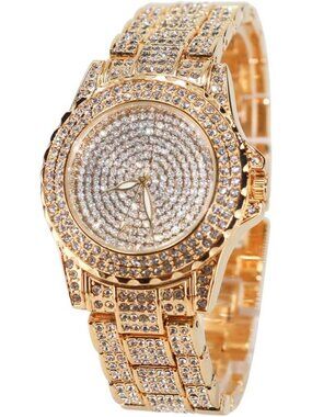 Women's Gold Crystal Rhinestone Diamond Round Dial Luxury Quartz Wrist Watch